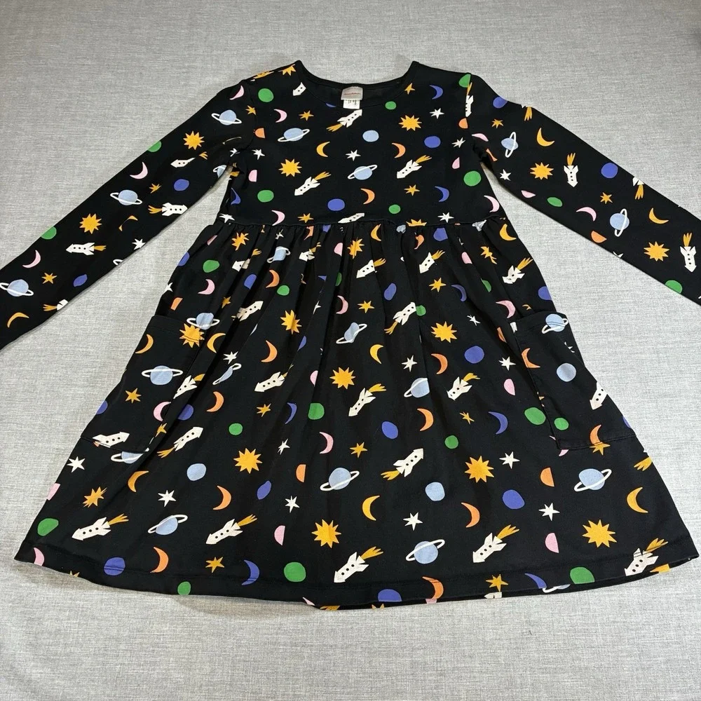 Hanna Andersson Black Space Twirl Dress Rocket, Planets, Stars Girls size 12